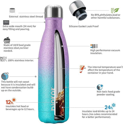 BJPKPK 17oz Insulated Water Bottles Stainless Steel,Sports Water Bottles Keep Cold for 24 Hours and Hot for 12 Hours,BPA Free,Glitter Purple Green