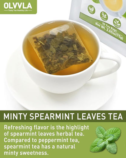 Olvvla - Spearmint Tea Bags - 1.5g X 50 Count - 100% Pure Natural Spearmint Leaves Herbal Tea - Non-GMO - Caffeine-free - Rich in Antioxidants & Promote Relaxation