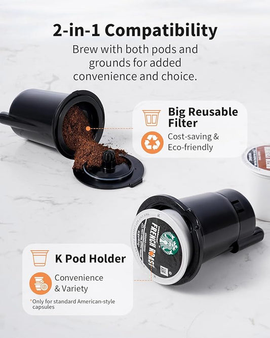 Hot & Iced Coffee Maker with Bold Setting, Single Serve Coffee Maker for K Cup and Grounds, 6-14 Oz Brew Sizes, 50 Oz Removable Water Tank, One Cup Coffee Machine with Reusable Filter, Grey