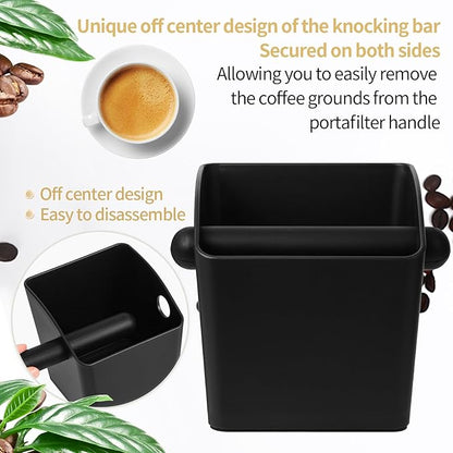 Large Square Knock Box Shock-absorbent Knock Box Espresso with Removable Knock Bar and Non-Slip Base Espresso Accessories for Home/Office (Large Black Knock Box with Tamper Mat)