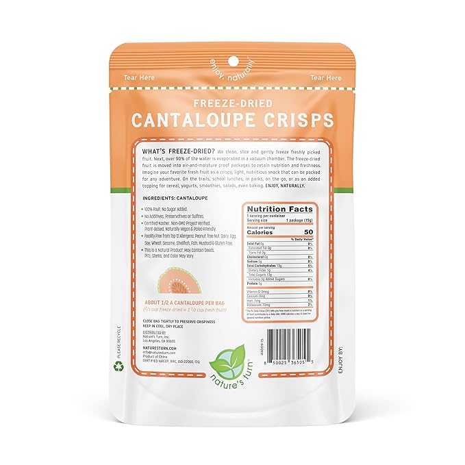 Nature’s Turn Freeze-Dried Cantaloupe Crisps – Healthy, Gluten-Free, Crispy & Delicious, Plant-Based Snack, Ideal for Cereal, Smoothies, School Lunches, & On-the-Go, Bags of 12 (0.53 oz Each)