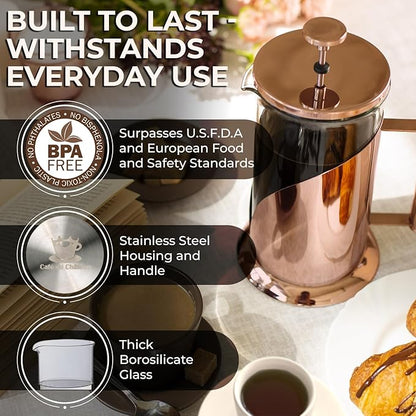 Cafe Du Chateau Stainless Steel French Press Coffee Maker - 34oz Insulated Coffee Press with 4-Level Filtration, BPA Free, Durable Glass, Great for Tea