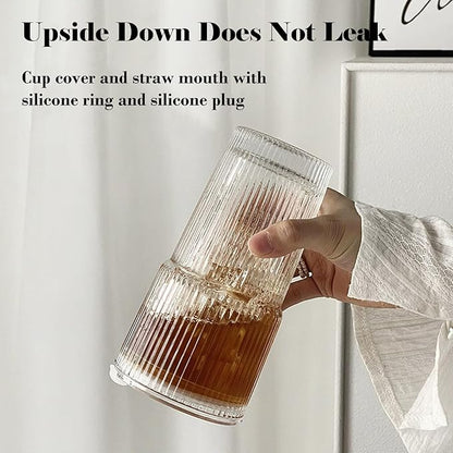 2 Pack Iced Coffee Cup with Lids, 20oz Clear Glass Tumbler with Straw & Lid, Ribbed Glassware Cups, Dishwasher Safe Drinking Glasses, Stylish Glass Cups for Coffee, Juice, Tea, Matcha