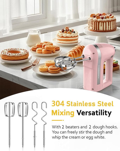 Electric Hand Mixer, Powerful 300W Hand Mixer Electric Handheld with 304 Beaters, Dough Hook,Hand Held Mixer with Turbo for Baking Cakes, Eggs, Cream Food(Pink)