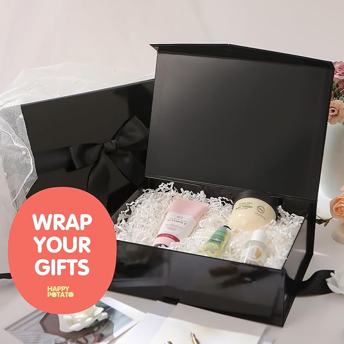 HAPPY POTATO Large Black Gift Box with Ribbon and Lid, 11.5x8.1x3.8 Inches, Groomsman Proposal Boxes, Magnetic Gift Box for Presents (Glossy Black)