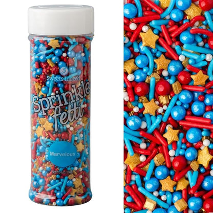 Sweets Indeed Sprinkles, Patriotic Edible Sprinkle Mix, Red Blue Gold, 4th of July, Perfect for Cake Decorations, Baking, Ice Cream, Cookies, Cupcake Topper For Birthday, Dairy Free, 4 ounces (Marvelous)