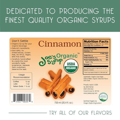 Joe’s Syrup Organic Flavored Syrup, Organic Cinnamon, 750 ml (3 Pack)