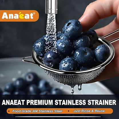 Anaeat Fine Mesh Strainers - Premium Stainless Steel Colander Sieve Sifters, with Durable Mesh and Sturdy Handle, Excellent for Sifting Dry ingredients, Flour, Pastas, Rice, Tea (3.15"+5.5"+7.87")