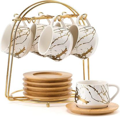 LUKA Ceramic Espresso Cups with Saucers and Metal Stand, Small 4 oz Porcelain Demitasse Cups Set of 6, Cute Cappuccino Coffee Cups for Double Espresso, Tea, Marbling White