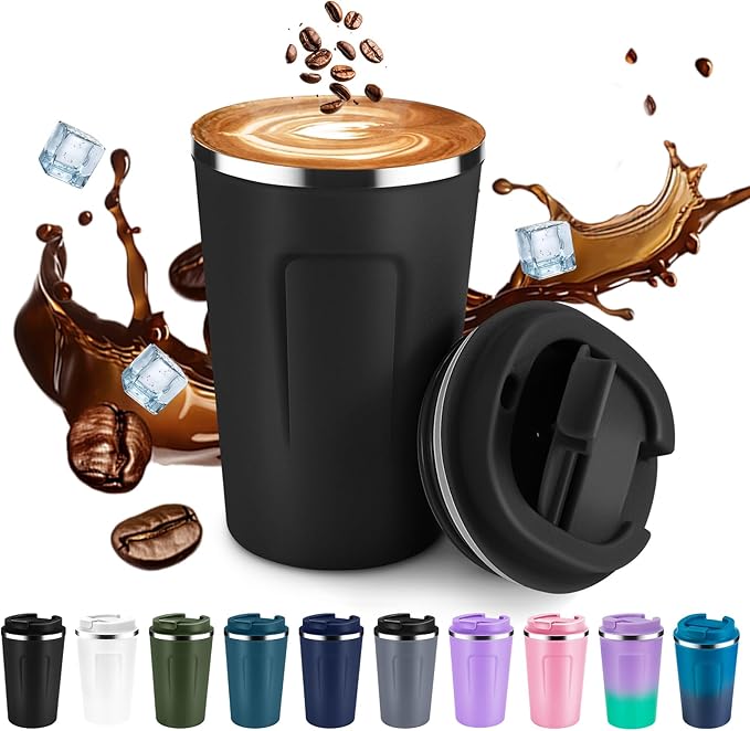 Volhoply 12 oz Double Wall Insulated Vacuum Travel Coffee Mug with Flip Lid,Reusable Stainless Steel Leak Proof Coffee Cup,Portable Iced Cafe Thermal Tumbler Suitable for Hot&Cold Drinks(Black,1 Set)