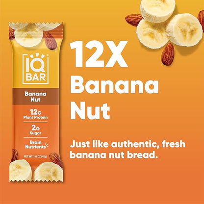 IQBAR Brain and Body Plant Protein Bars Banana Nut 12 Count - Keto, Vegan, Low Carb, High Fiber, Gluten Free, Dairy Free, Low Sugar Snack