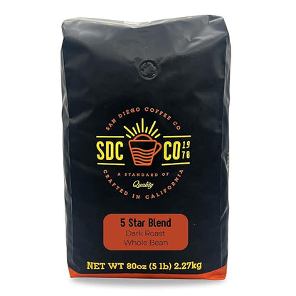 San Diego Coffee 5 Star Blend, Dark Roast, Whole Bean Coffee, 5-Pound Bag Café en grano tostado