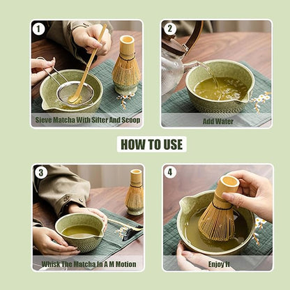 Ceramic Japanese Style Matcha Bowl Whisk Holder Temperature Resistant Braid Textured Matcha Tea Bowl Set With Spout for Trip (Green)
