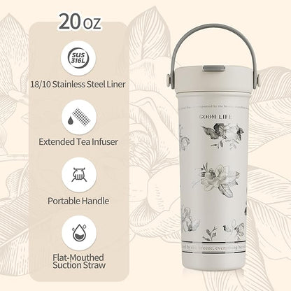 GOOM 20 oz Spill Proof Tumbler with Lid and Straw, Top Handle, Extended Tea Infuser, 18/10 Stainless Steel, Insulated Hot & Cold Brew Gifts for Mom Women Her, Teacher Gifts - Floral White
