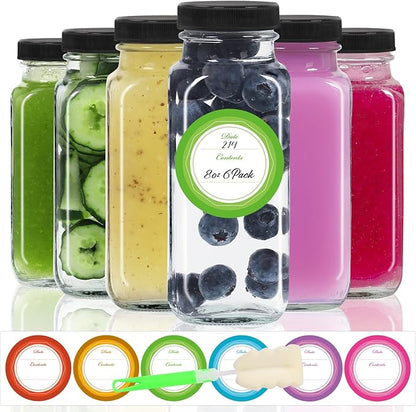 STARSIDE 8 oz Glass Juice Bottles with Lids 6 Pack - Square Reusable Drinking Jars for Juicing, Milk, Kombucha - Includes 1 Bottle Brush, 6 Colored Labels