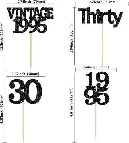 Gyufise 24Pcs Vintage 1995 Cupcake Toppers Cheers to 30 Fabulous Thirty Cupcake Picks Decorations for 30th Birthday Wedding Anniversary Party Supplies Black