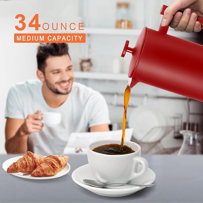 Secura French Press Coffee Maker, Double-Wall 304 Grade Stainless Steel Coffee Press with 2 Extra Screens, 34oz (1L), Red