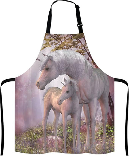 Fantasy Unicorn Adjustable Bib Apron,Unicorns Mare and Foal Cooking Kitchen Apron for Men Women