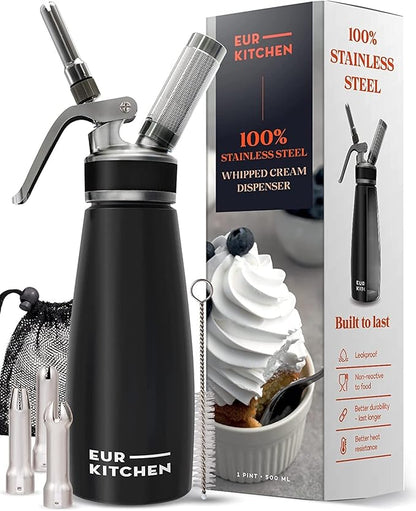 EurKitchen Stainless Steel Professional Whipped Cream Dispenser - Leak-Free Whip Cream Maker Canister - 3 Decorating Nozzles & Cleaning Brush - 1Pint /500 ML Cream Whipper - N2O Charger (Not Included)
