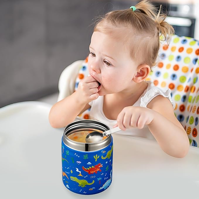 17oz Soup Thermo for Hot Food Kids Insulated Vacuum Food Jar with Stainless Steel Spoon Wide Mouth Thermo Leakproof Lunch Food Container Kids Hot Lunch Box (Blue-Dinasour)