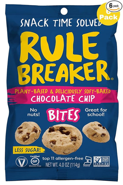 Rule Breaker Vegan & Gluten-Free Cookies | Chocolate Chip Bites | Plant-Based, Dairy, Nut, Soy, Allergen Free, Kosher | Great For School, Office, Pantry | Soft-Baked School Snacks for Kids and Adults (Pack of 6)