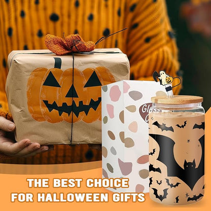 Black Bat Tumbler - 16oz Black Glass Mug with Lid and Straw, Gothic Themed Iced Coffee Cup, Birthday and Spooky Gothic Horror Theme Gift