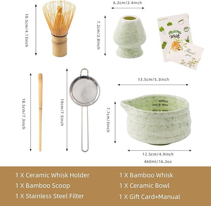 5pcs Premium Matcha Set,Ceramic Bowl with Spout and Bamboo Whisk set, Ceremonical Matcha Kit for breakfast/latte,Tea Starter Making Kit,Unique Matcha Gift set (green)
