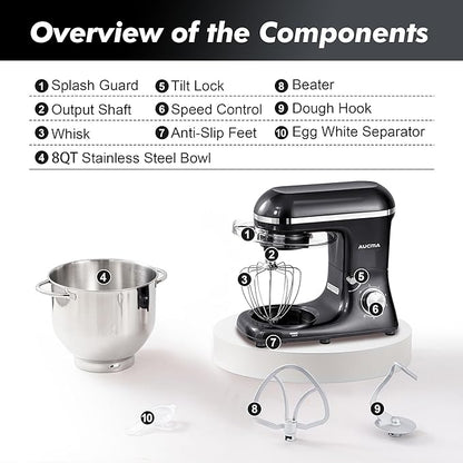 Aucma Stand Mixer, 900W 8QT Large Kitchen Mixer, Kitchen Electric Mixers with Dough Hook, Wire Whip & Beater (Black, 8QT)