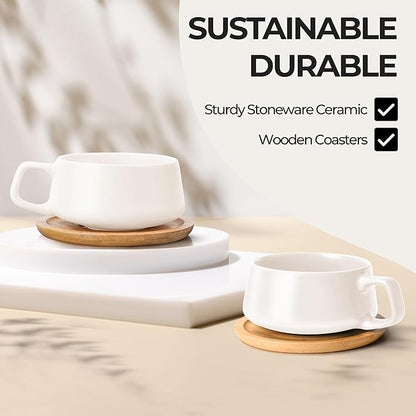 MIAMIO – 11 Oz., Set of 4 Ceramic Tea Cup and Saucer Bamboo/Tea Mug - Wide Cappuccino Cup, Coffee Cups Ceramic Mug for Cappuccino, Latte, Espresso & Americano - Luxe Collection (White)