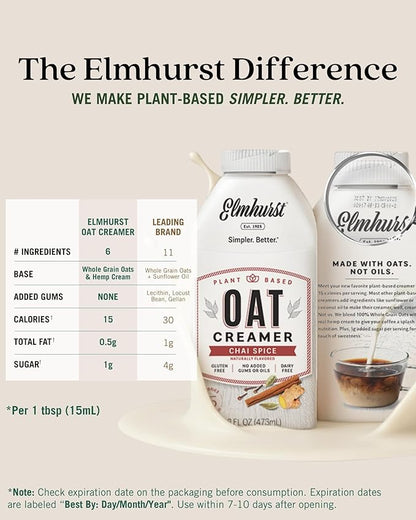 Elmhurst 1925 Chai Spice Oat Creamer - 16 Ounce (Pack of 6) Dairy-Free, Vegan, Kosher, Low Sugar, Shelf Stable Creamer Made with Oat Grains & Chai Spice for Healthier, Simpler Plant Based Alternatives