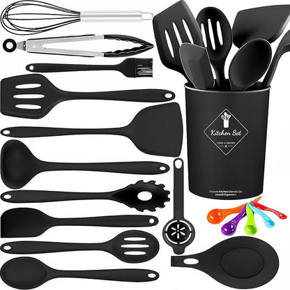 18 Pcs Cooking Utensils Set, Kitchen Utensils Set with Utensil Holder, 446°F Heat Resistant Silicone Spatula Set, Kitchen Gadgets Tools Set for Nonstick Cookware BPA FREE