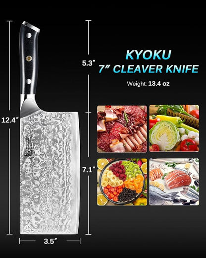 KYOKU Gin Series Vegetable Cleaver Knife, 7" Asian Vegetable Knife, Japanese VG10 Damascus Stainless Steel Knife, Professional Kitchen Knife with Silver Ion Blade G10 Handle Mosaic Pin Sheath & Case