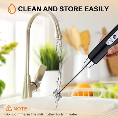 YUSWKO Handheld Milk Frother Wand for Coffee, Rechargeable Electric Whisk with 3 Heads 3 Speeds Drink Mixer Coffee Frother For Latte, Cappuccino, Hot Chocolate, Egg (Without Stand, Light Black)