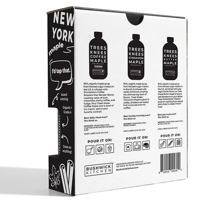 Trees Knees Maple Syrup Gift Set, Sweet Syrup Collection Includes Trio of Cinnamon, Butter Maple, and Coffee Flavored Syrups, Unique Gift Box for Foodies