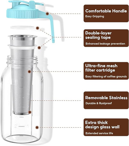 Cold Brew Coffee Maker Jar - 2 Pack 64 oz(2 Quart / 1.9 Liter)Glass Cold Brew Maker with Handle, Stainless Steel Filter&Leak-Proof Lid, Heavy Duty Cold Brew Pitcher for Iced Coffee, Sun Tea, and Milk