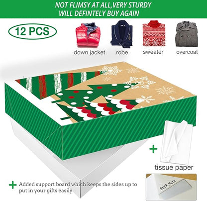12 Extra Large Christmas Gift Wrap Boxes Bulk with Lids, 12 Tissue paper and 80 Foil Christmas Stickers for Wrapping Oversized Clothes (Robes, Sweater, Coat, Shirts) and Xmas Holiday Present
