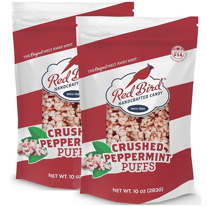 Red Bird Crushed Peppermint Puffs, Soft Crushed Peppermint Candy Topping for Baking, Ice Cream & Drinks, 2pk 10 oz Bag