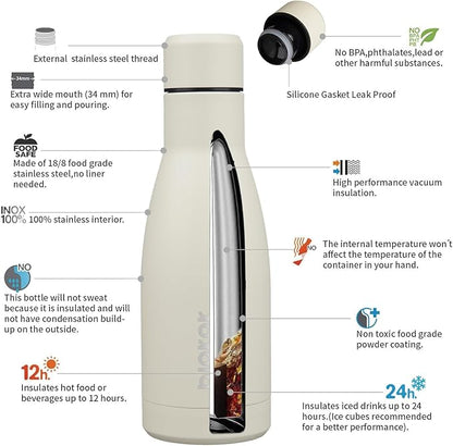 BJPKPK 12oz Water Bottles Stainless Steel Double Wall Vacuum Insulated Small Water Bottles for Travel,Beige