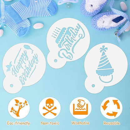 20 Pieces Birthday Cookie Stencil Templates Decoration Cookie Stencil for Birthday Coffee Cake Templates Reusable Painting Mold Tools, Dessert, Coffee Decorating Mold(Cake Style)