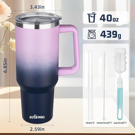 40 oz Insulated Coffee Mug with Ceramic Coating, Stainless Steel Travel Mug Tumbler with Handle Lid and Straw, Double Wall Leak-Proof Coffee Travel Mug Keeps Drink Hot and Cold (Purple Navy)