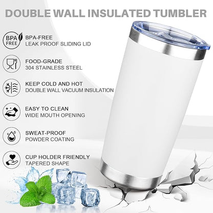 20oz Tumbler with Lid Double Wall Vacuum Insulated Travel Coffee Mug Stainless Steel Thermal Cup Powder Coated Sturdy Coffee Tumbler Bulk for Hot and Cold Beverage (White,6)