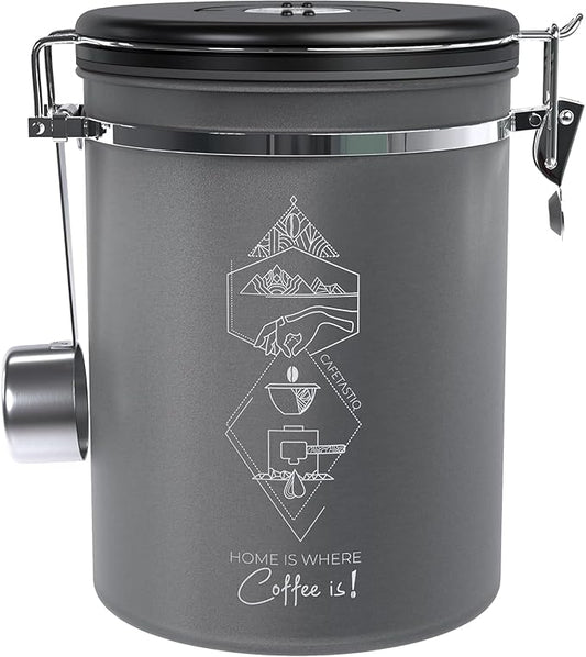 Coffee Canister – Airtight Stainless Steel Storage Container with Date Tracker & Scoop, Sealed Jar for Grounds, Beans, Tea, Flour, Cereal, and Sugar (Gray Home, 22OZ)