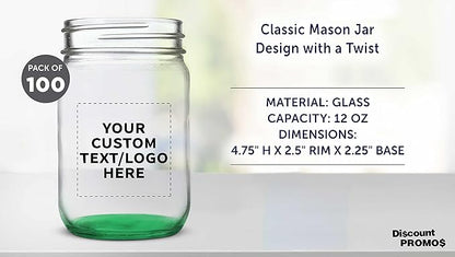 DISCOUNT PROMOS Custom Decorating Mason Jars 12 oz. Set of 100, Personalized Bulk Pack - Glass Jars for Overnight Oats, Candies, Fruits, Pickles, Spices, Beverages - Green