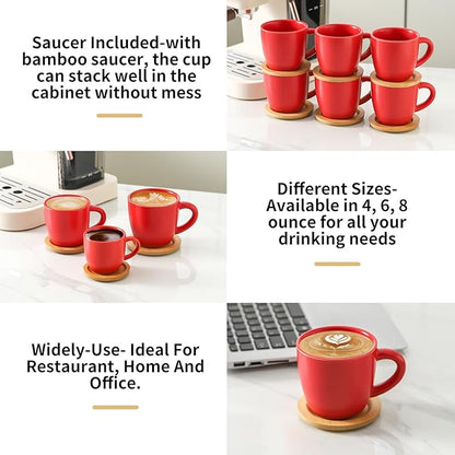 Hasense 8 oz Tea Cups and Saucers Set of 6, Ceramic Coffee Cups with Handle, Latte, Cappuccino, Espresso, Stackable for Party, Home and Kitchen, Red