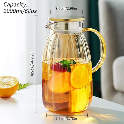 68OZ Glass Pitcher with Lid and Spout, Water Jug, 2000ml Carafe for Hot/Cold Water, Large Iced Tea Pitcher for Coffee, Juice and Homemade Beverage