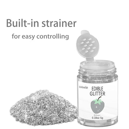 Silver Edible Glitter Glimmer Powder for Cakes Drinks - Colaele 5 grams Food Grade Luster Dust Metallic Food Decorating Sprinkle Disco Brew Dust for Cake Decorations Wine Beverage Candy Dessert, Vegan