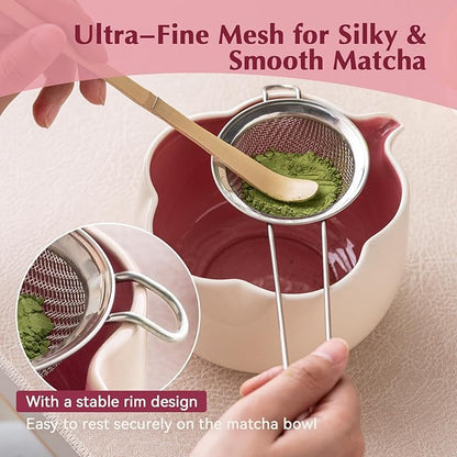 Matcha Whisk Set, 8Pcs Floral Ceramic Matcha Set with Matcha Whisk, Holder, Scoop, Scoop Rest, Sifter, Spoon and Tea Towel - Thoughtful Matcha Whisk Gift for Matcha Lovers (Beige & Pink)