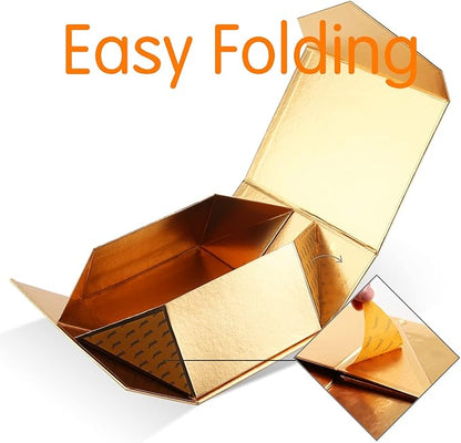 6 Gold Gift Boxes with Lids for Presents, Magnetic Closure Rectangle Collapsible Gift Boxes, Bridesmaids Proposal Boxes, Wedding, Birthday Gift Packaging (9x6.5x3.8 Inches)