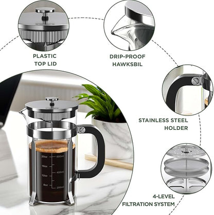 French Press Coffee Maker, 34 Ounce 1 Liter, Stainless Steel, Cold Brew Heat Resistant Borosilicate Glass Espresso Coffee & Tea Maker with 4 Filter