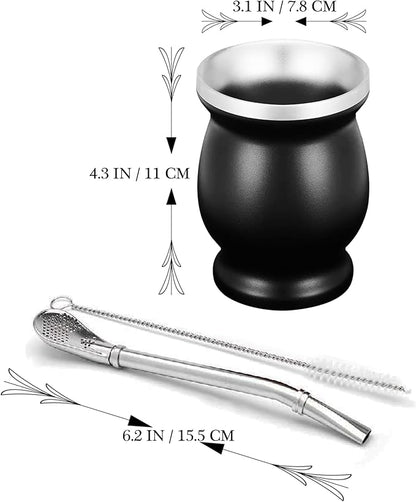 LA FEE Yerba Mate Natural Gourd/Tea Cup Set Brown (Original Traditional Mate Cup - 8 Ounces)，Includes Yerba Mate Straw & Cleaning Brush，Stainless Steel | Double-Walled | Easy to Clean (Black)